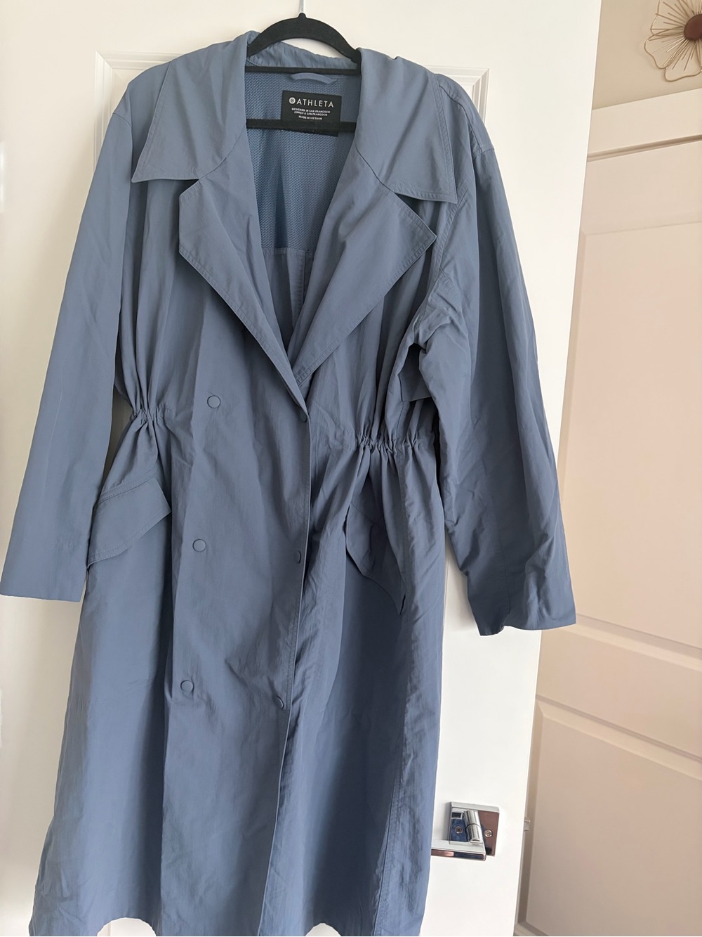 Athleta Dusty Blue Lightweight Trench Coat with Cinched Waist
